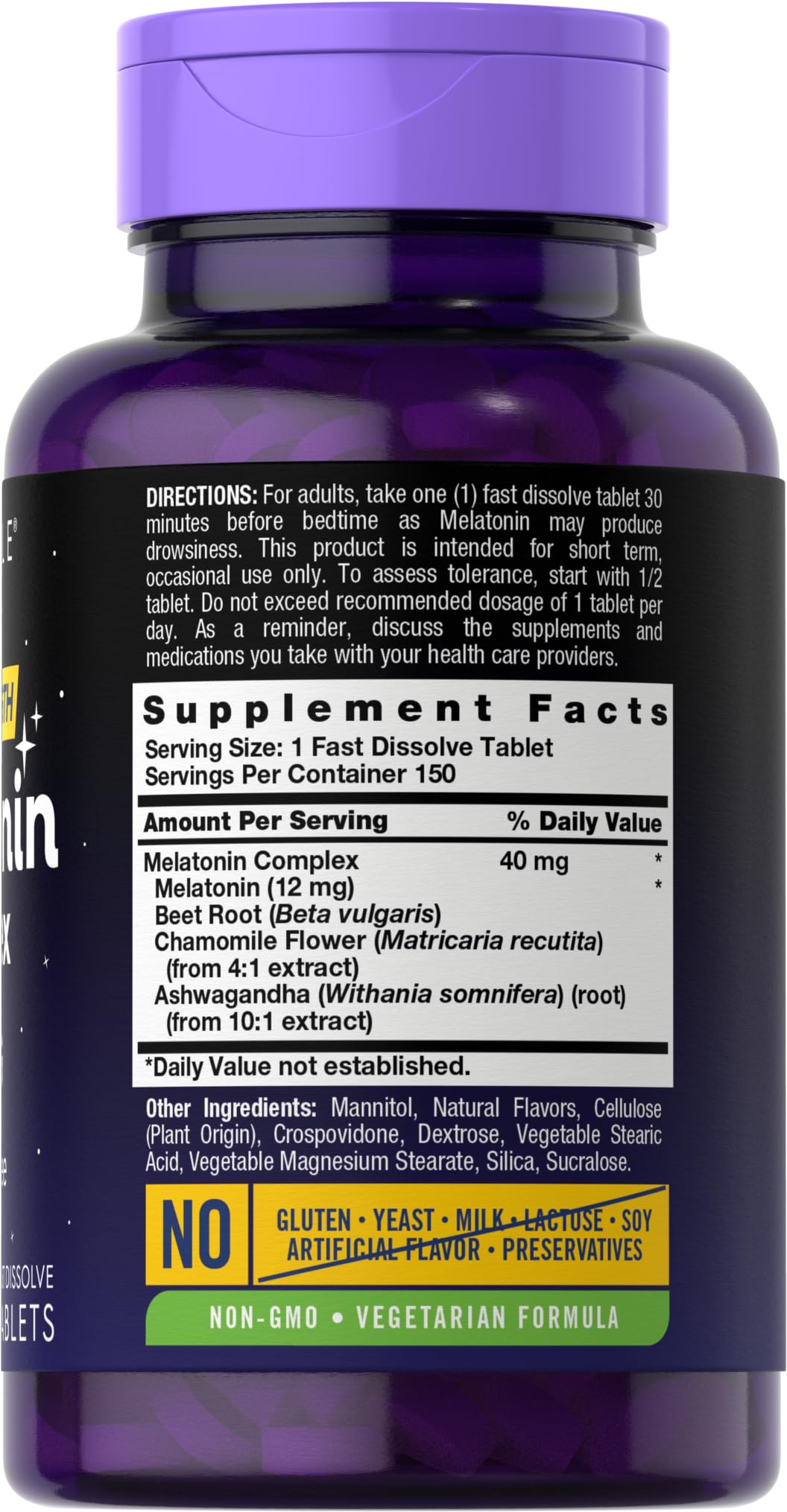 Carlyle Melatonin 40mg Complex | 150 Fast Dissolve Tablets | Extra Strength Support | with Ashwagandha and Chamomile | Vegetarian, Non-GMO, Gluten Free Supplement - Maple Wellness Supplements