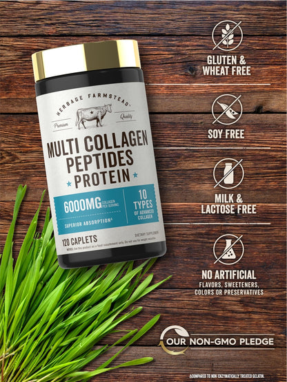 Carlyle Multi Collagen Peptides 6000mg | 120 Caplets | 10 Types of Advanced Collagen with Protein | Non-GMO, Gluten Free Supplement | by Herbage Farmstead - Maple Wellness Supplements