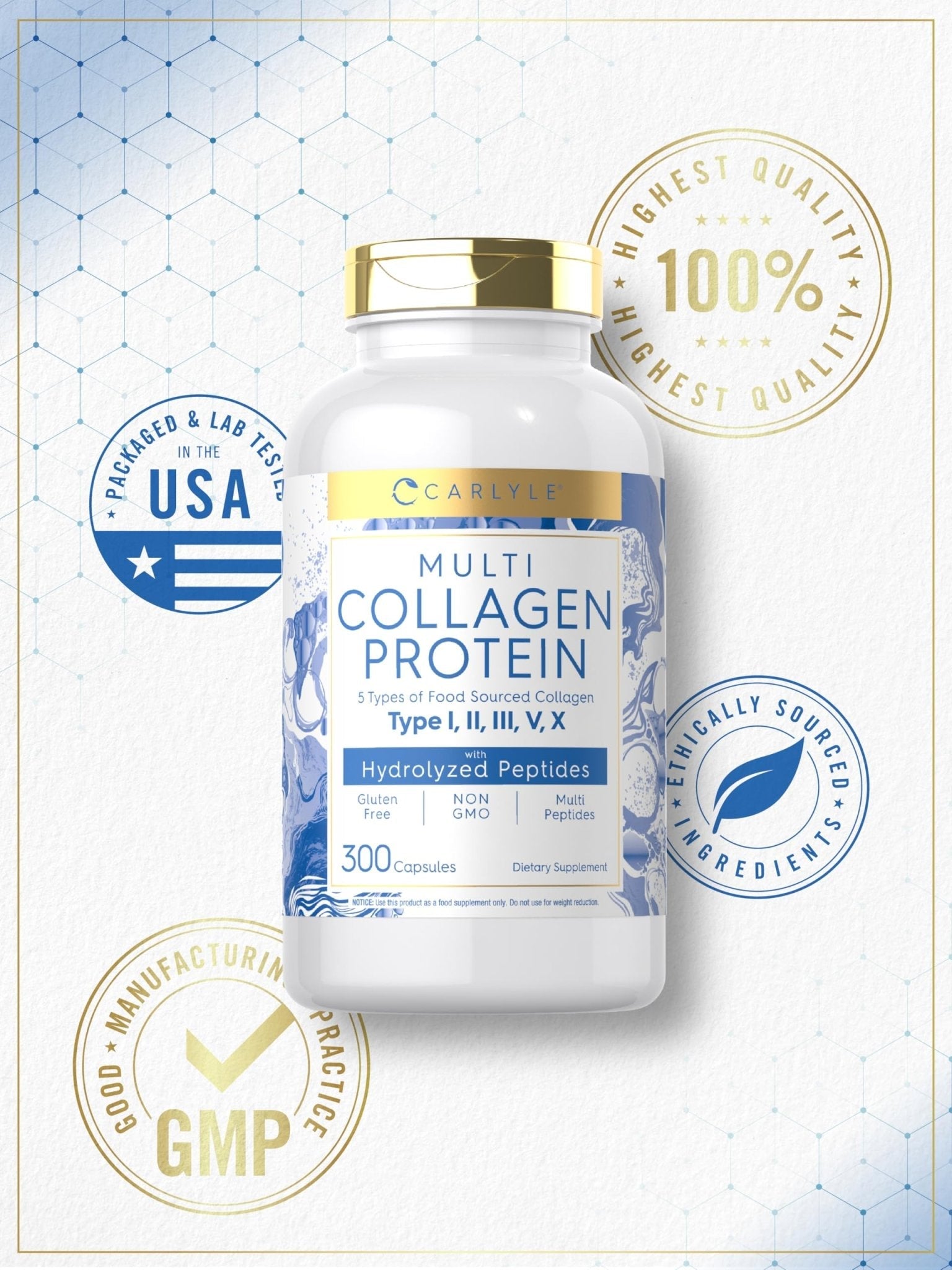 Carlyle Multi Collagen Protein Capsules 2000mg | 300 Count | Type I, II, III, V, X | Collagen Peptide Pills | Keto & Paleo Friendly - Maple Wellness Supplements