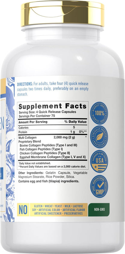 Carlyle Multi Collagen Protein Capsules 2000mg | 300 Count | Type I, II, III, V, X | Collagen Peptide Pills | Keto & Paleo Friendly - Maple Wellness Supplements