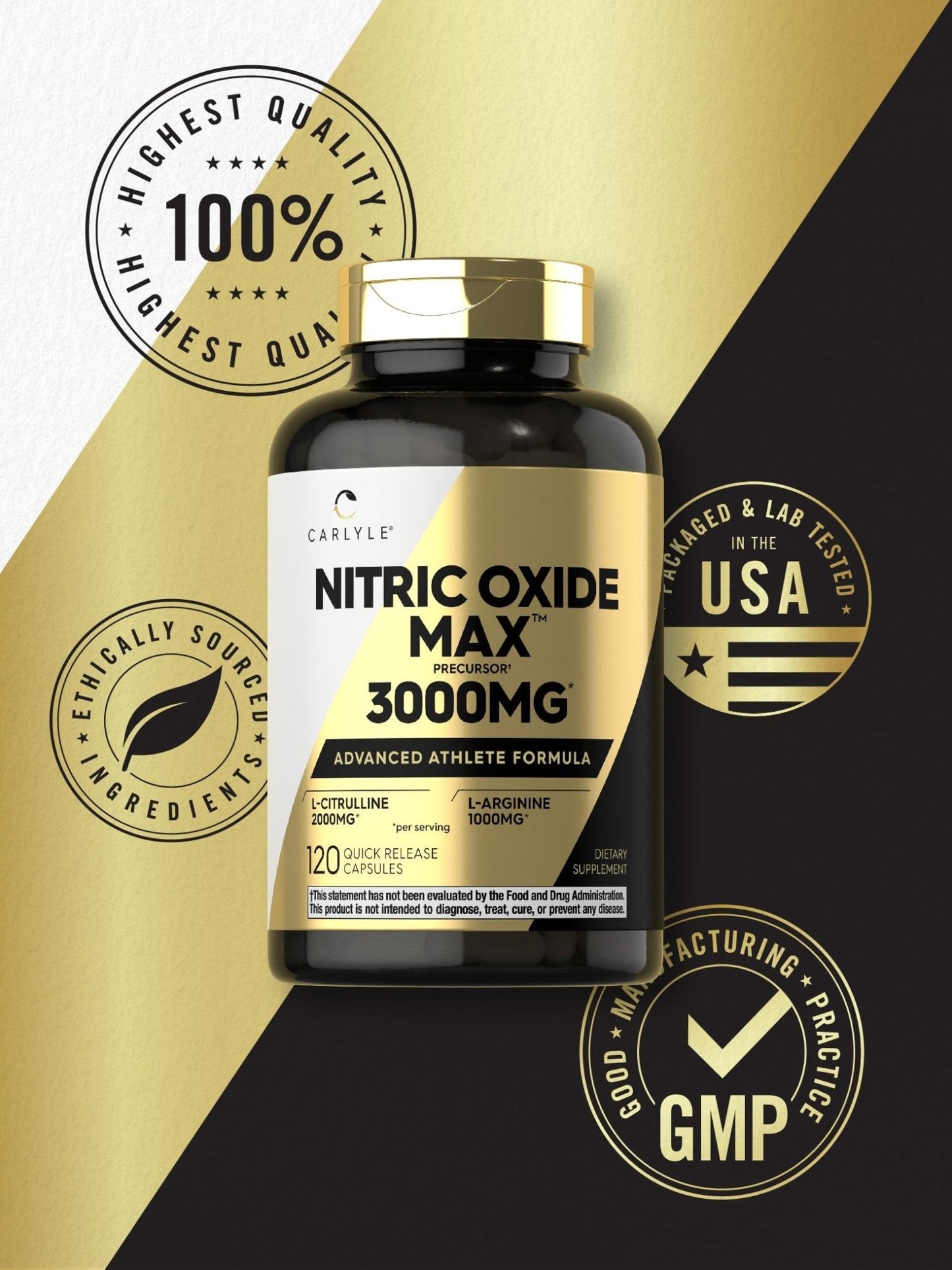 Carlyle Nitric Oxide Supplement 3000mg | 120 Capsules | with L-Arginine & L-Citrulline | for Men & Women | Pre & Post Workout | Non-GMO, Gluten Free - Maple Wellness Supplements