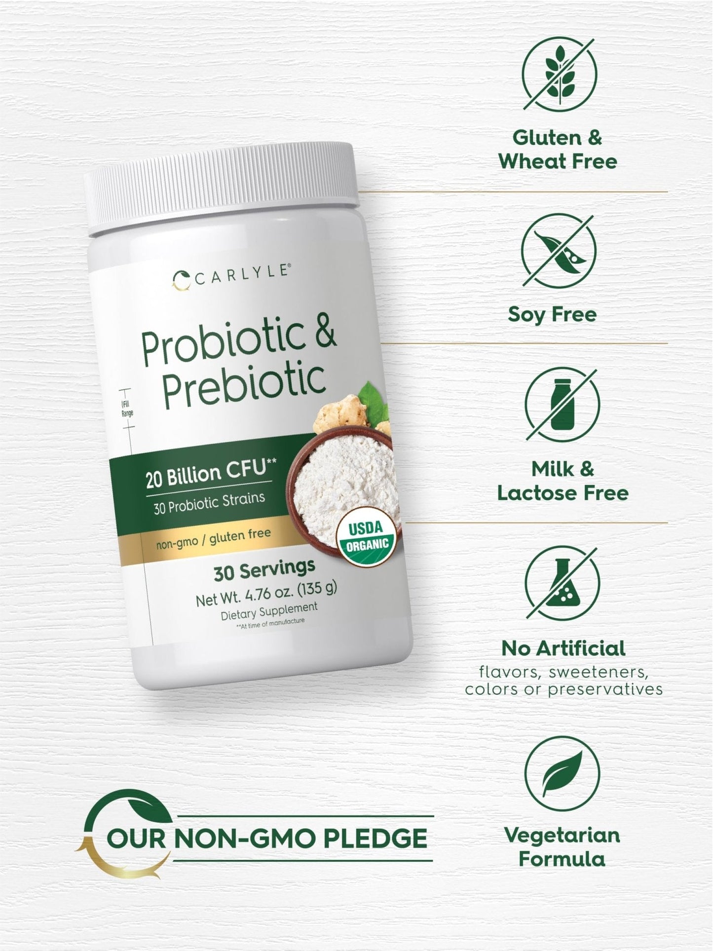 Carlyle Probiotic and Prebiotic Powder | 20 Billion CFU | 4.76 oz | Organic Fiber Blend | for Women and Men | Vegetarian, Non-GMO, - Maple Wellness Supplements