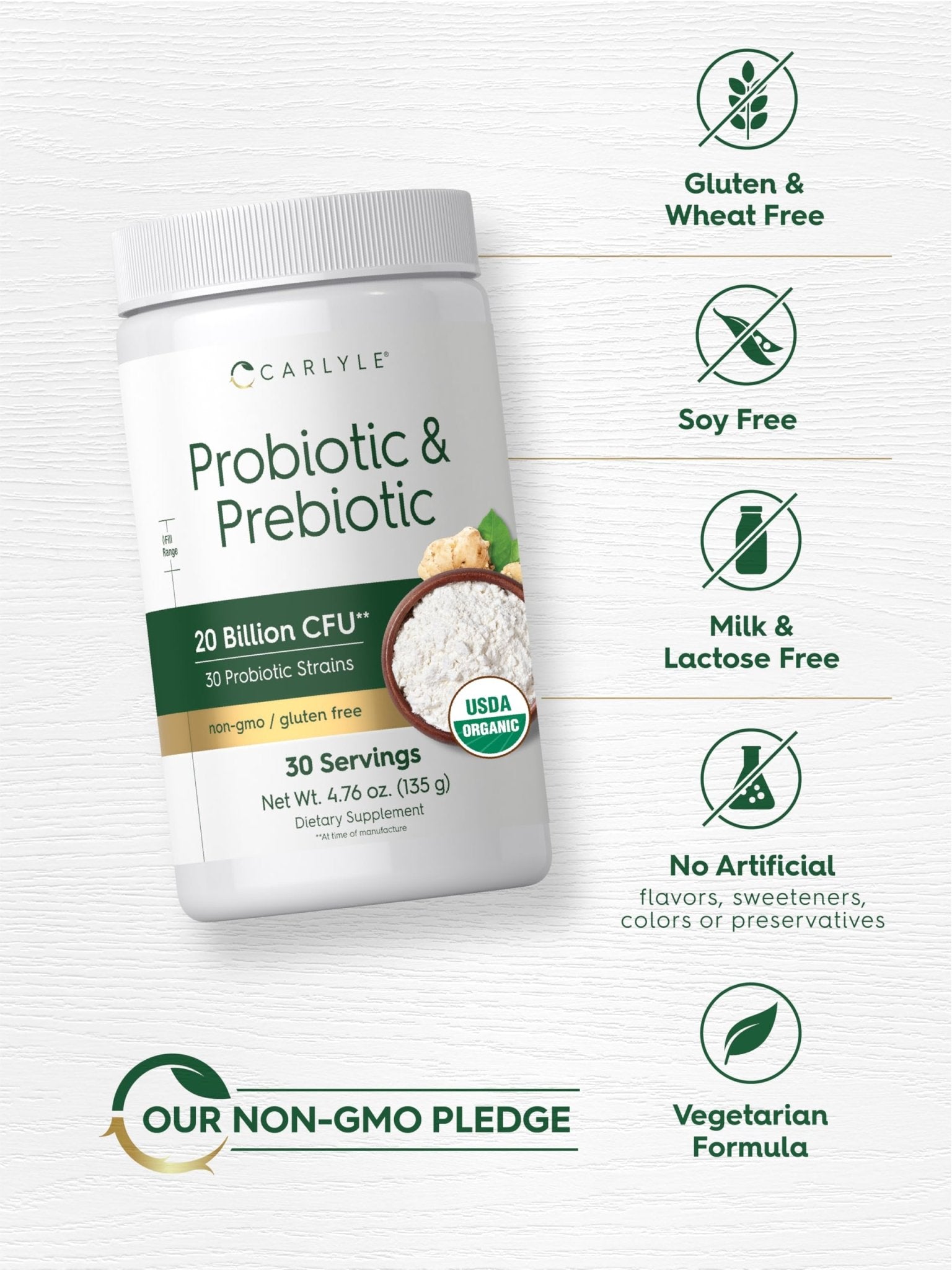 Carlyle Probiotic and Prebiotic Powder | 20 Billion CFU | 4.76 oz | Organic Fiber Blend | for Women and Men | Vegetarian, Non-GMO, - Maple Wellness Supplements