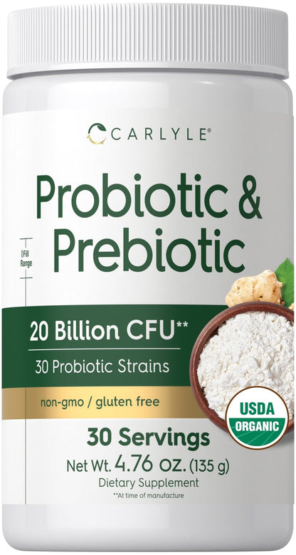 Carlyle Probiotic and Prebiotic Powder | 20 Billion CFU | 4.76 oz | Organic Fiber Blend | for Women and Men | Vegetarian, Non-GMO, - Maple Wellness Supplements