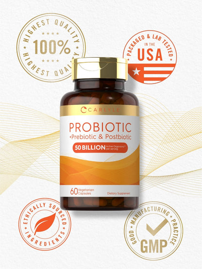 Carlyle Probiotic for Women and Men | 50 Billion CFU | 60 Capsules | Plus Prebiotic and Postbiotic | Complex Supplement | Vegetarian, Non-GMO, and Gluten Free - Maple Wellness Supplements