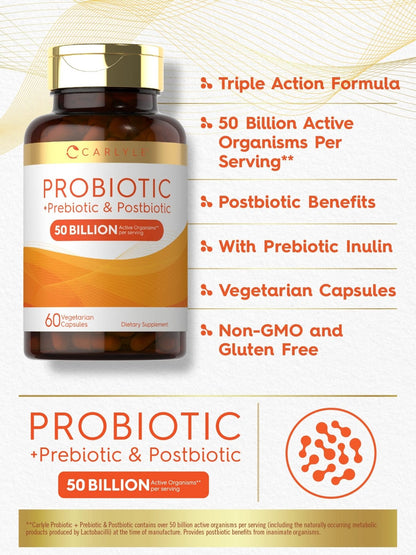 Carlyle Probiotic for Women and Men | 50 Billion CFU | 60 Capsules | Plus Prebiotic and Postbiotic | Complex Supplement | Vegetarian, Non-GMO, and Gluten Free - Maple Wellness Supplements