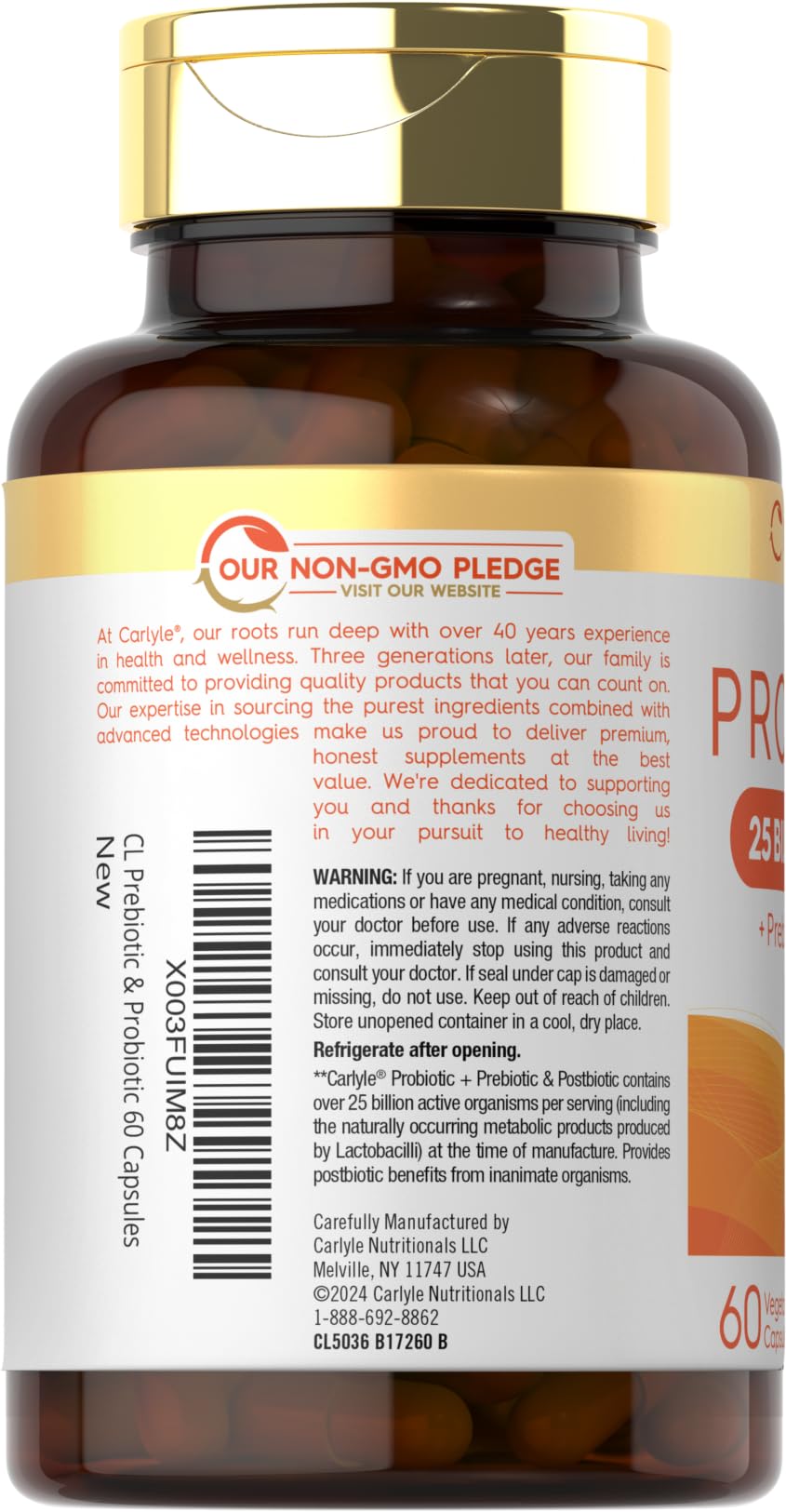 Carlyle Probiotic with Prebiotics & Postbiotics | 25 Billion CFU | 60 Capsules | Supplement for Women & Men | Powder Pills - Maple Wellness Supplements