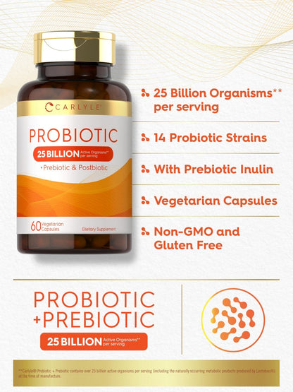 Carlyle Probiotic with Prebiotics & Postbiotics | 25 Billion CFU | 60 Capsules | Supplement for Women & Men | Powder Pills - Maple Wellness Supplements