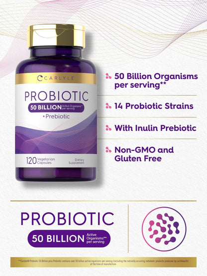 Carlyle Probiotics with Prebiotics | 120 Capsules | 50 Billion Active Organisms | Non-GMO & Gluten Free Supplement - Maple Wellness Supplements