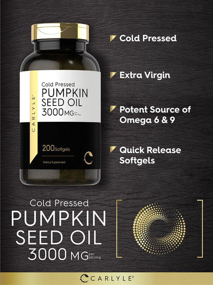 Carlyle Pumpkin Seed Oil Capsules | 3000mg | 200 Softgels | Essential Fatty Acids | Cold Pressed Dietary Supplement | Non-GMO and Gluten Free Formula - Maple Wellness Supplements
