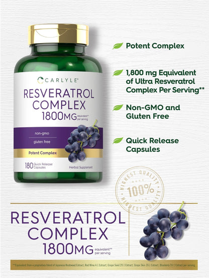 Carlyle Resveratrol Complex - 180 Capsules - Trans Resveratrol Supplement with Grape Seed Extract - Non GMO, Gluten Free - Maple Wellness Supplements