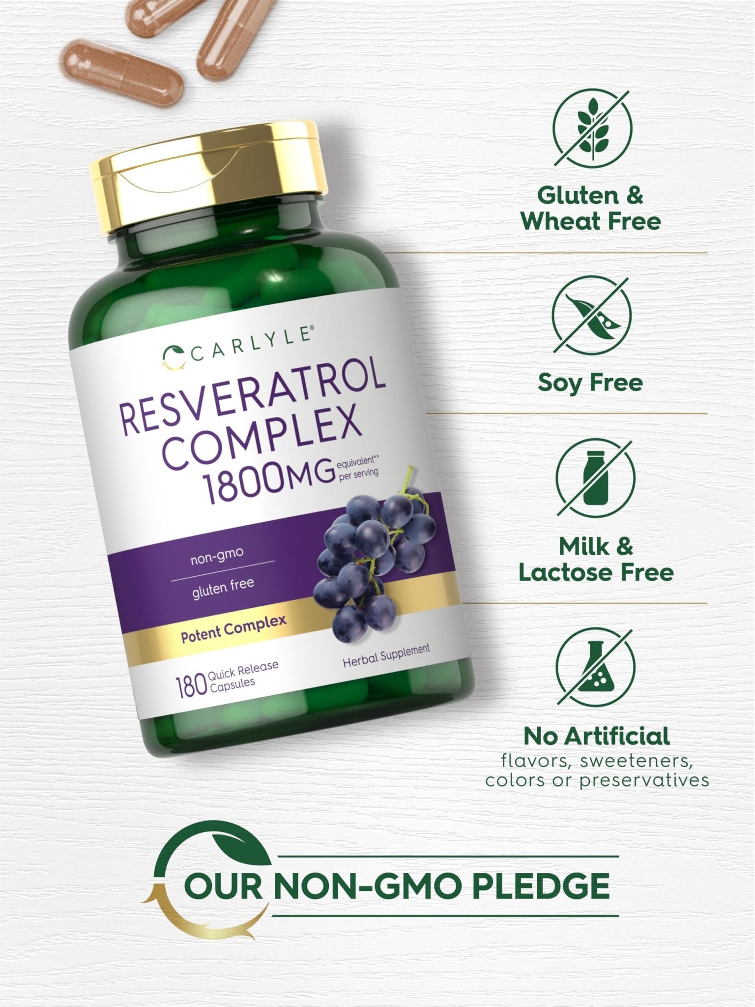 Carlyle Resveratrol Complex - 180 Capsules - Trans Resveratrol Supplement with Grape Seed Extract - Non GMO, Gluten Free - Maple Wellness Supplements