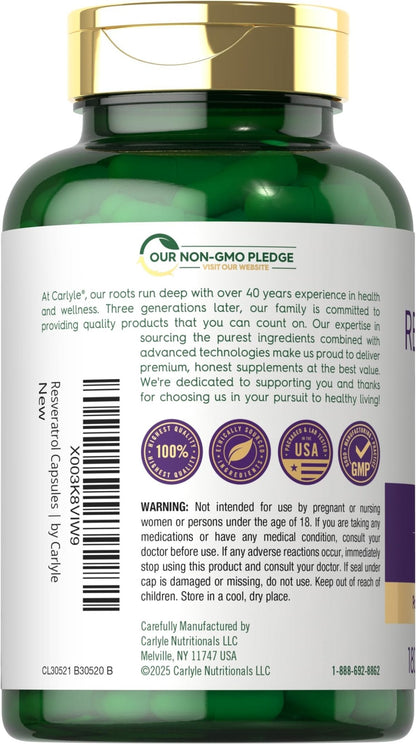 Carlyle Resveratrol Complex - 180 Capsules - Trans Resveratrol Supplement with Grape Seed Extract - Non GMO, Gluten Free - Maple Wellness Supplements