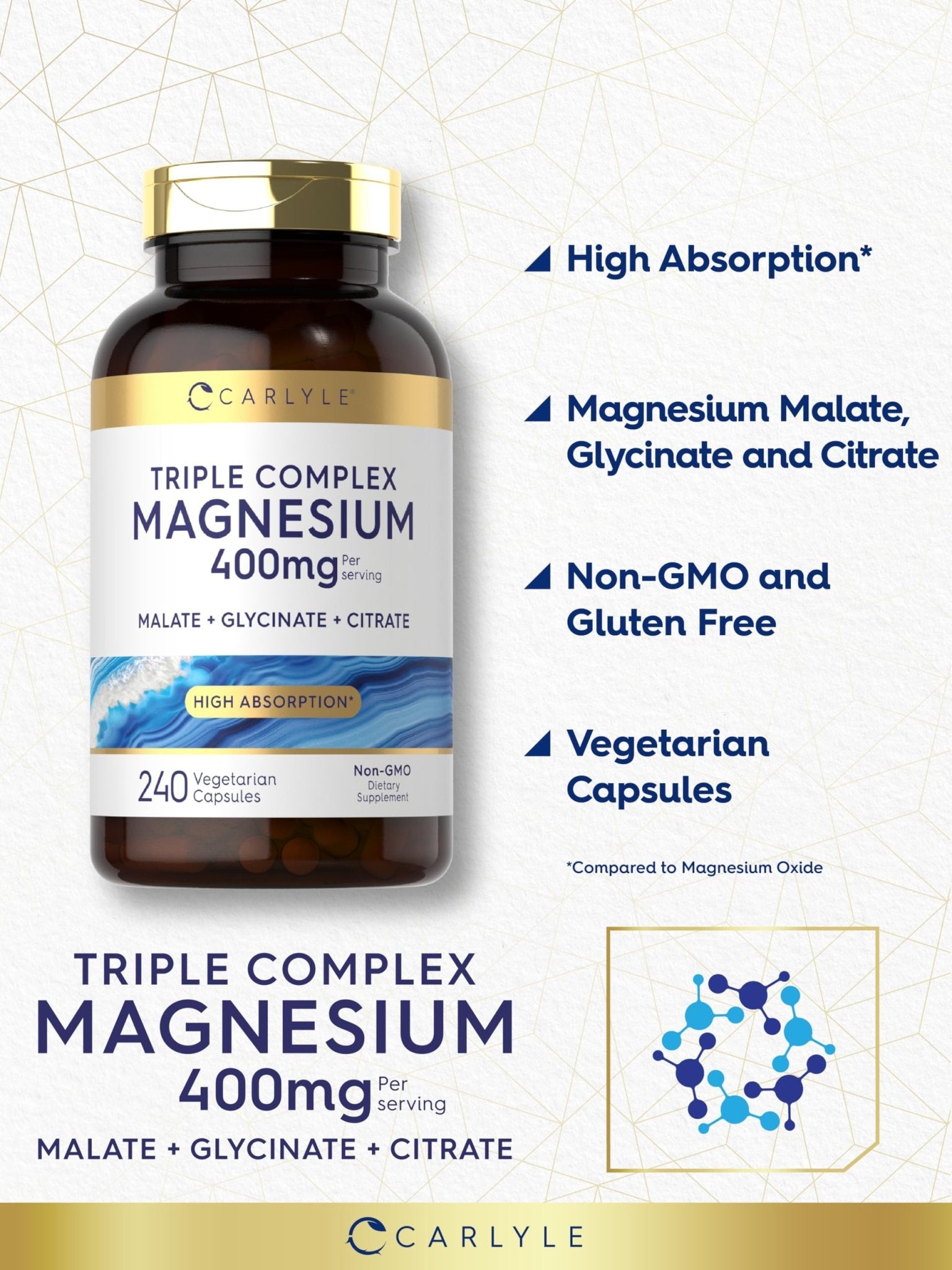 Carlyle Triple Magnesium Complex | 400 mg | 240 Capsules | Magnesium Malate, Glycinate & Citrate | Vegetarian, Non-GMO, and Gluten Free Supplement - Maple Wellness Supplements