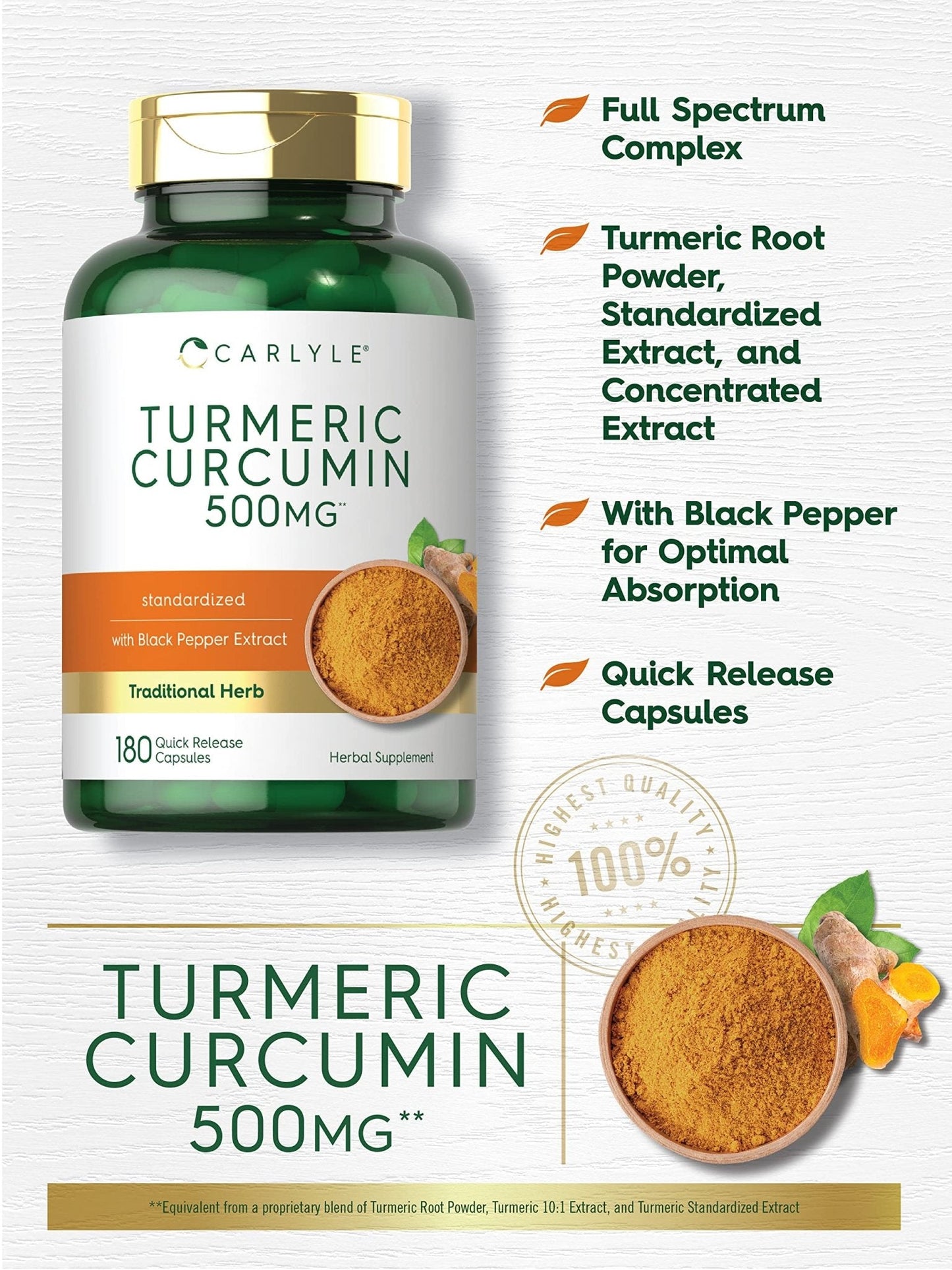 Carlyle Turmeric Curcumin Supplement | 180 Capsules | with Black Pepper Extract | Non-GMO & Gluten Free - Maple Wellness Supplements