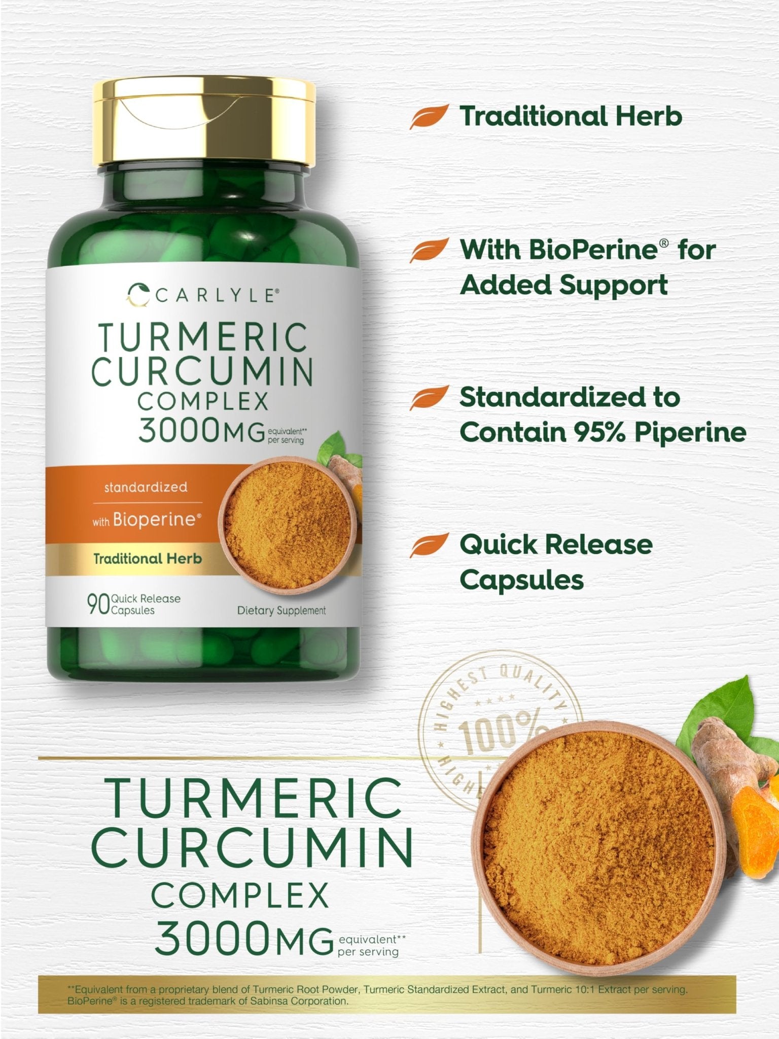 Carlyle Turmeric Curcumin with Black Pepper | 90 Powder Capsules | Complex Supplement with Bioperine | Non-GMO, Gluten Free - Maple Wellness Supplements