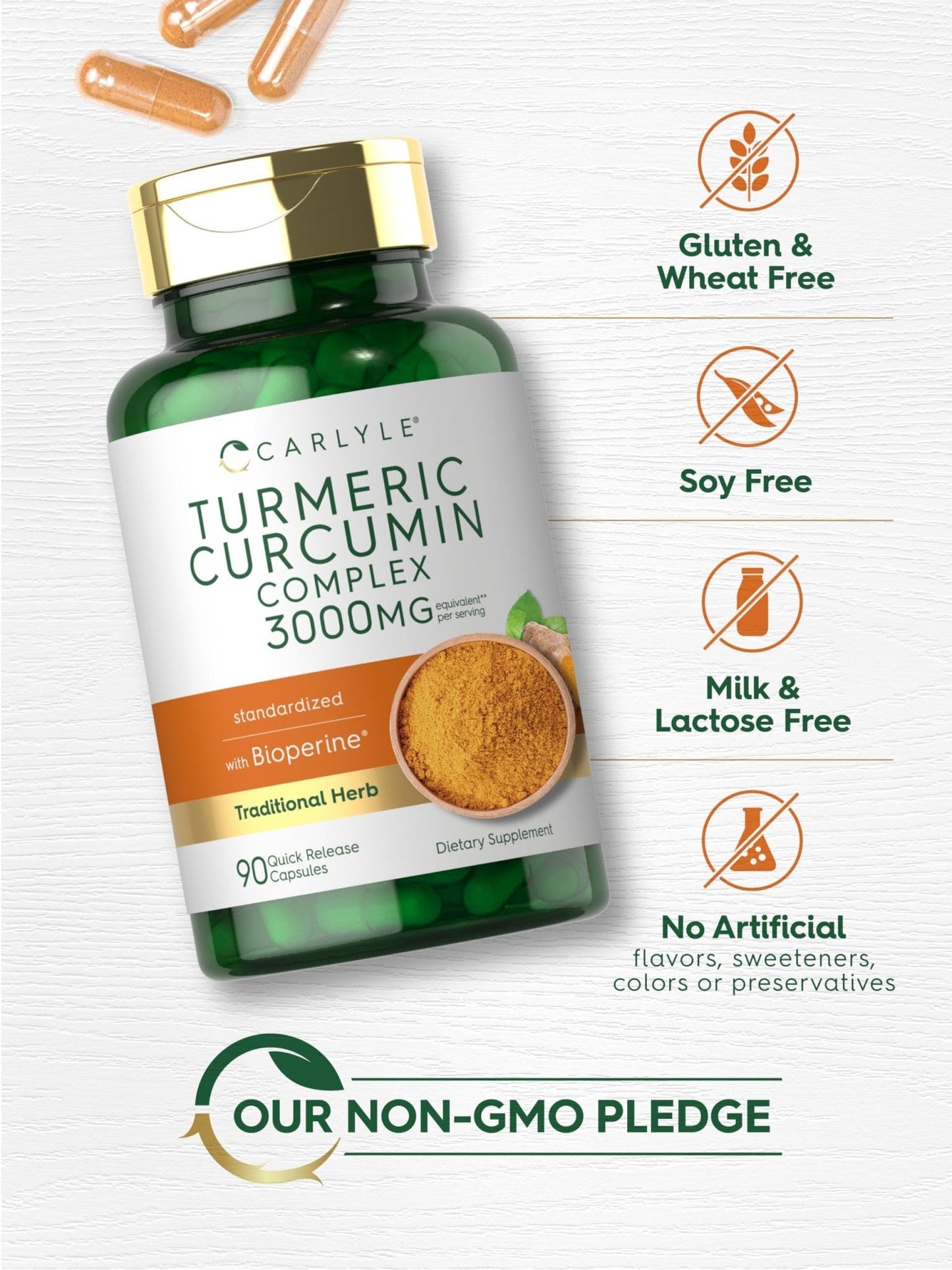 Carlyle Turmeric Curcumin with Black Pepper | 90 Powder Capsules | Complex Supplement with Bioperine | Non-GMO, Gluten Free - Maple Wellness Supplements