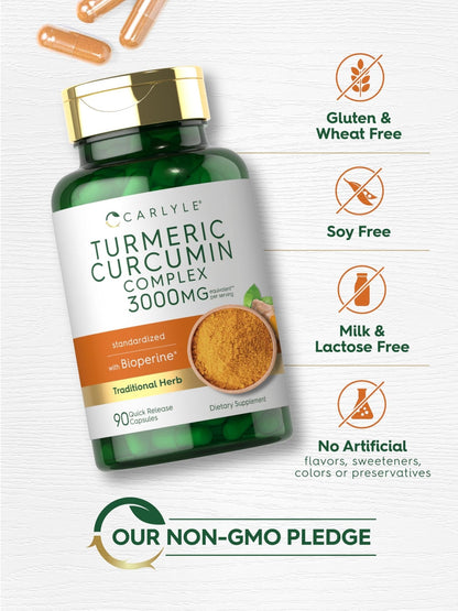 Carlyle Turmeric Curcumin with Black Pepper | 90 Powder Capsules | Complex Supplement with Bioperine | Non-GMO, Gluten Free - Maple Wellness Supplements