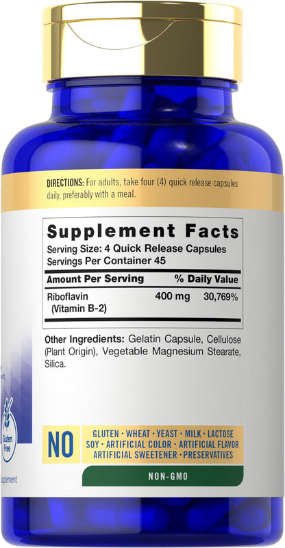 Carlyle Vitamin B-2 400mg | 180 Count | Non-GMO, Gluten Free Supplement | B2 Riboflavin - Maple Wellness Supplements