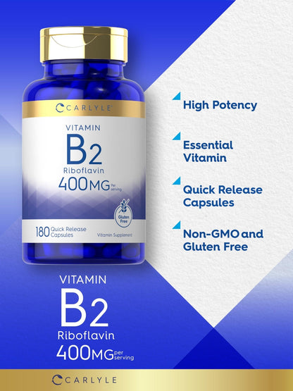 Carlyle Vitamin B-2 400mg | 180 Count | Non-GMO, Gluten Free Supplement | B2 Riboflavin - Maple Wellness Supplements