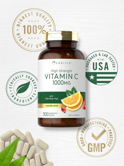Carlyle Vitamin C 1000mg | 300 Vegetarian Caplets | Ascorbic Acid with Wild Rose Hips | High Strength Formula - Maple Wellness Supplements