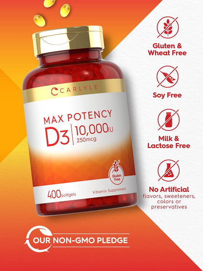 Carlyle Vitamin D 10000 IU 400 Softgels | Value Size | Max Potency | Non-GMO, Gluten Free Supplement - Maple Wellness Supplements