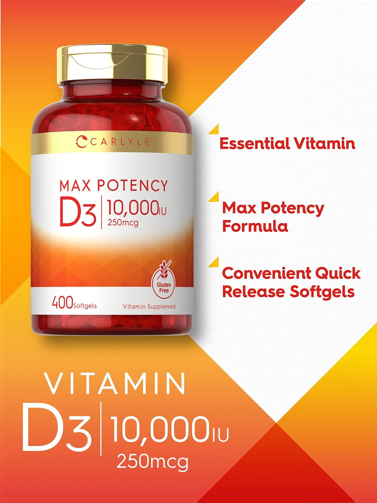 Carlyle Vitamin D 10000 IU 400 Softgels | Value Size | Max Potency | Non-GMO, Gluten Free Supplement - Maple Wellness Supplements