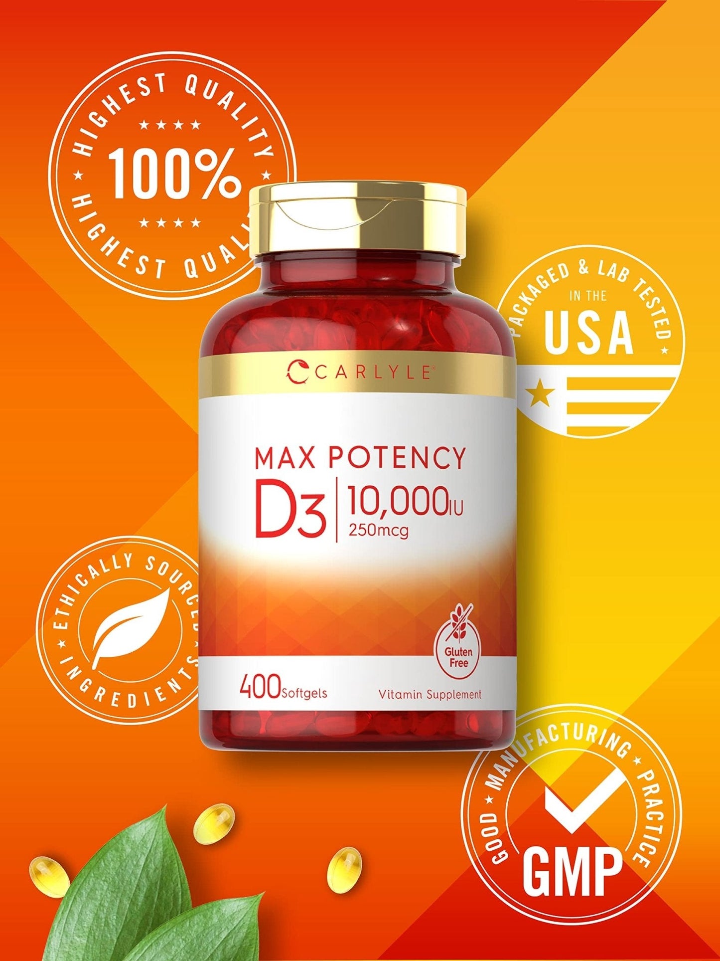 Carlyle Vitamin D 10000 IU 400 Softgels | Value Size | Max Potency | Non-GMO, Gluten Free Supplement - Maple Wellness Supplements