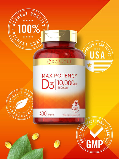 Carlyle Vitamin D 10000 IU 400 Softgels | Value Size | Max Potency | Non-GMO, Gluten Free Supplement - Maple Wellness Supplements