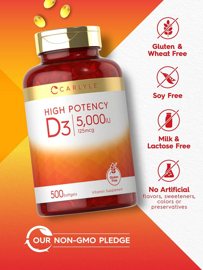 Carlyle Vitamin D3 5000 IU Softgels | 500 Count | Value Size | Non-GMO and Gluten Free Supplement | High Potency Formula | 125mcg - Maple Wellness Supplements