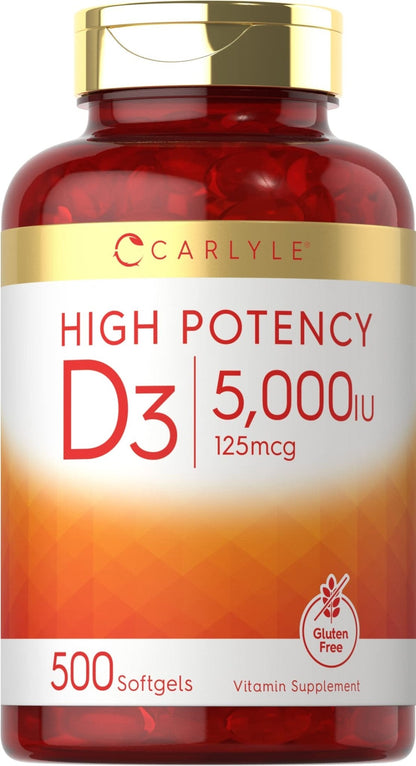 Carlyle Vitamin D3 5000 IU Softgels | 500 Count | Value Size | Non-GMO and Gluten Free Supplement | High Potency Formula | 125mcg - Maple Wellness Supplements