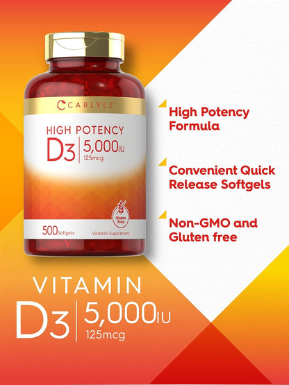 Carlyle Vitamin D3 5000 IU Softgels | 500 Count | Value Size | Non-GMO and Gluten Free Supplement | High Potency Formula | 125mcg - Maple Wellness Supplements