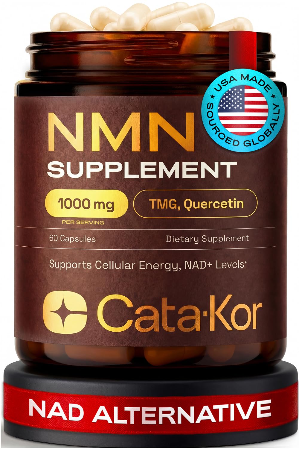 Cata-Kor NMN Supplement – 1000mg Per Serving NAD Resveratrol Supplement with Quercetin | TMG – NMNH Alternative – Supports Cellular Energy & NAD+ Level – 60 Capsules - Maple Wellness Supplements