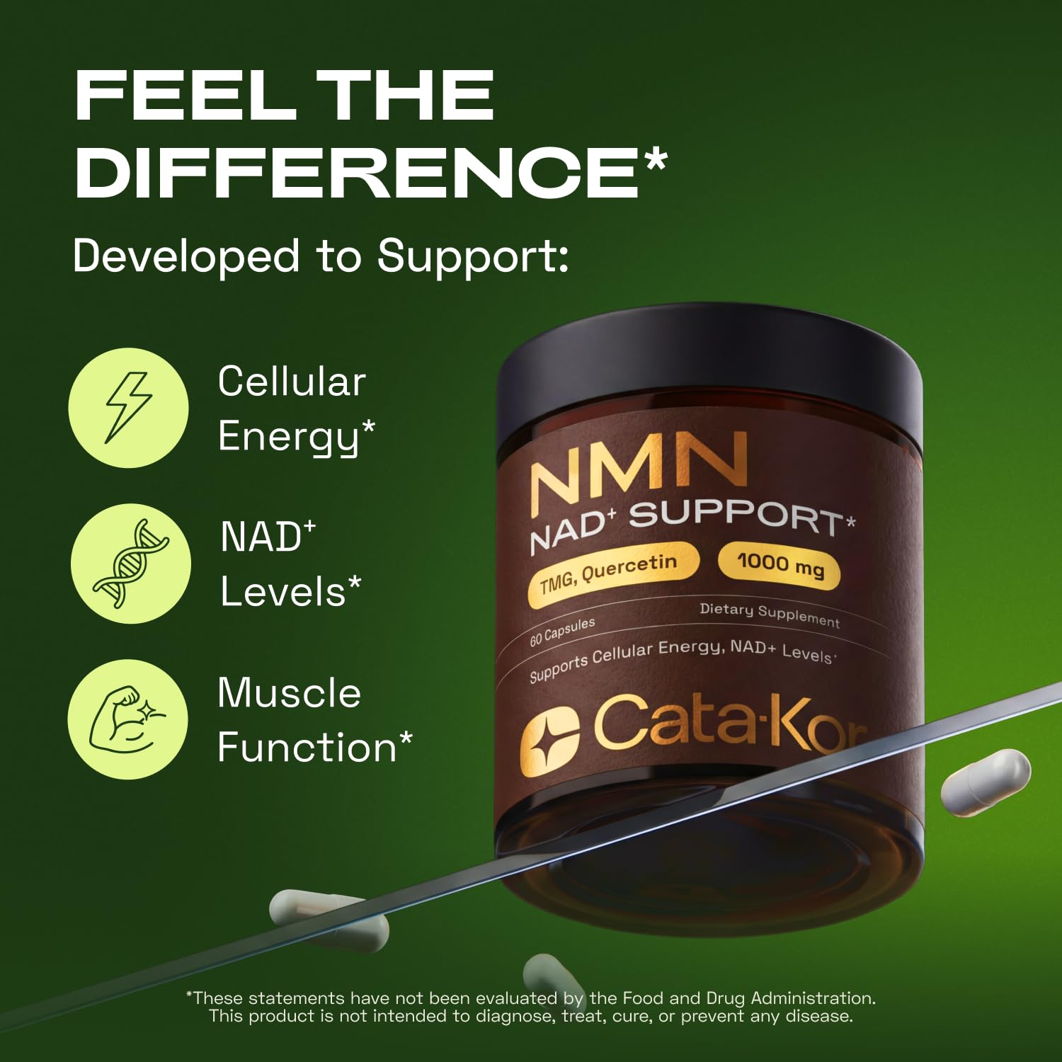 Cata-Kor NMN Supplement – 1000mg Per Serving NAD Resveratrol Supplement with Quercetin | TMG – NMNH Alternative – Supports Cellular Energy & NAD+ Level – 60 Capsules - Maple Wellness Supplements