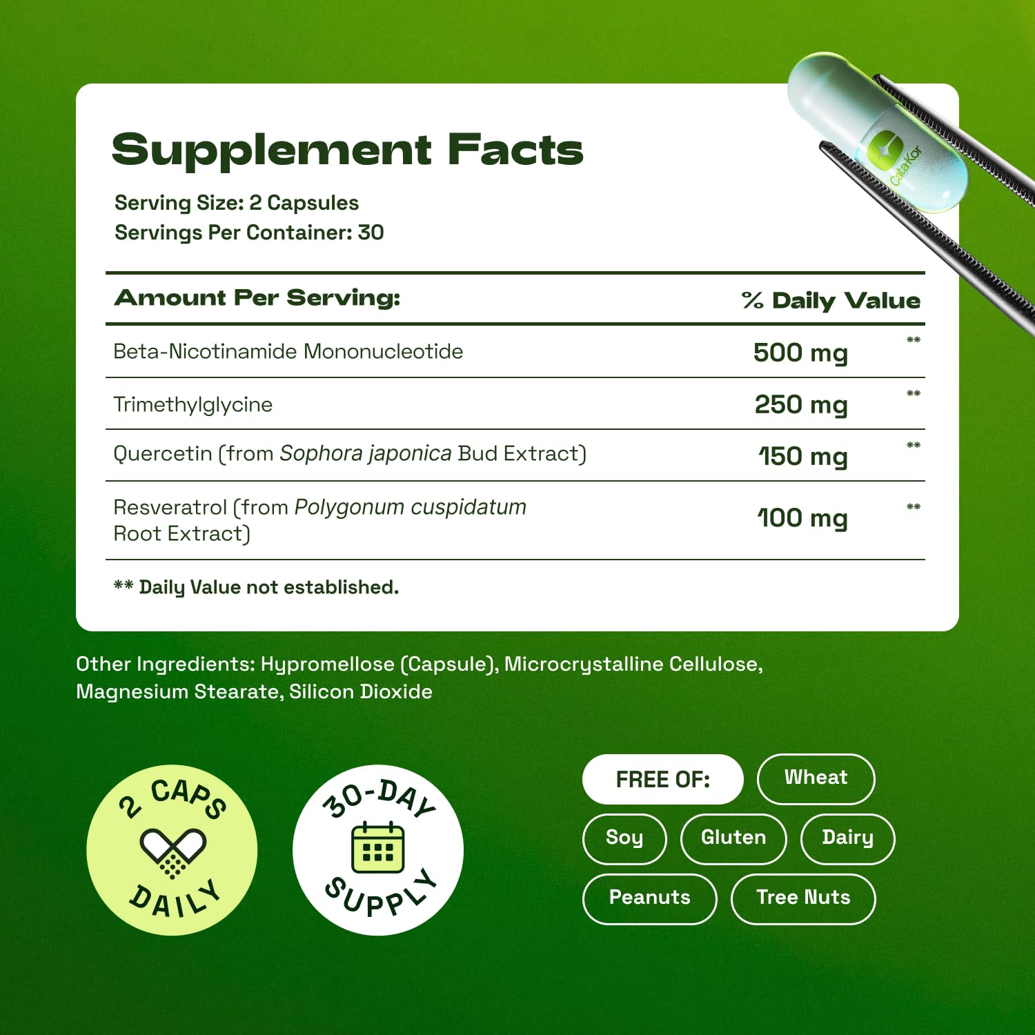 Cata-Kor NMN Supplement – 1000mg Per Serving NAD Resveratrol Supplement with Quercetin | TMG – NMNH Alternative – Supports Cellular Energy & NAD+ Level – 60 Capsules - Maple Wellness Supplements