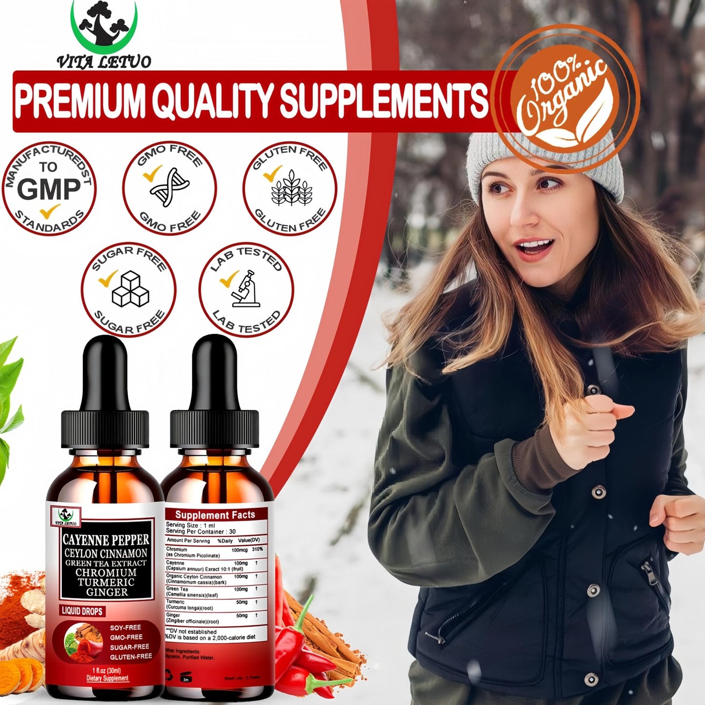 Cayenne Pepper Drops, High Absorption 6-in-1 Liquid Cayenne Pepper Supplement w/Ceylon Cinnamon, Green Tea Extract, Turmeric, Organic Liquid Drops Than Cayenne Capsules Powder - Maple Wellness Supplements
