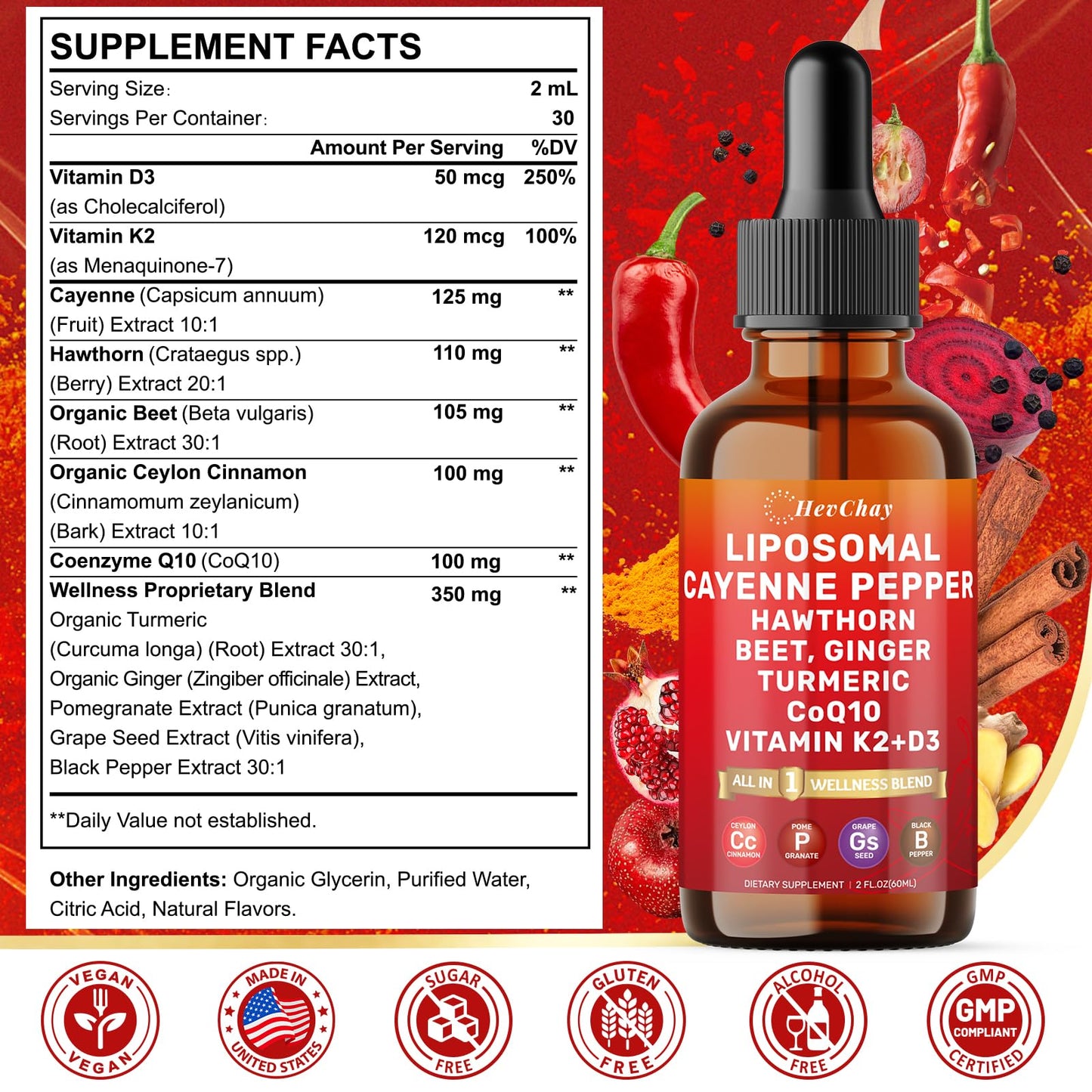 Cayenne Pepper Drops Liposomal Supplement Liquid + Hawthorn Berry, Vitamin D3 K2 Beet Root Powder, Ceylon Cinnamon, CoQ10, Turmeric Curcumin, Cayenne Pepper Extract - 2oz - Maple Wellness Supplements