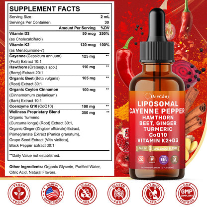 Cayenne Pepper Drops Liposomal Supplement Liquid + Hawthorn Berry, Vitamin D3 K2 Beet Root Powder, Ceylon Cinnamon, CoQ10, Turmeric Curcumin, Cayenne Pepper Extract - 2oz - Maple Wellness Supplements
