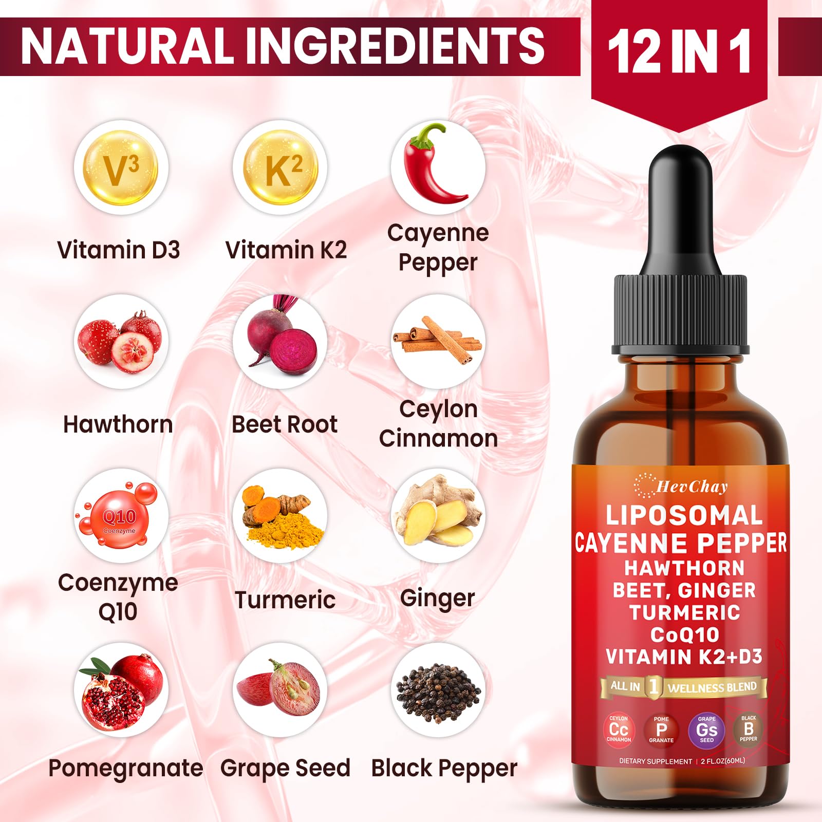 Cayenne Pepper Drops Liposomal Supplement Liquid + Hawthorn Berry, Vitamin D3 K2 Beet Root Powder, Ceylon Cinnamon, CoQ10, Turmeric Curcumin, Cayenne Pepper Extract - 2oz - Maple Wellness Supplements