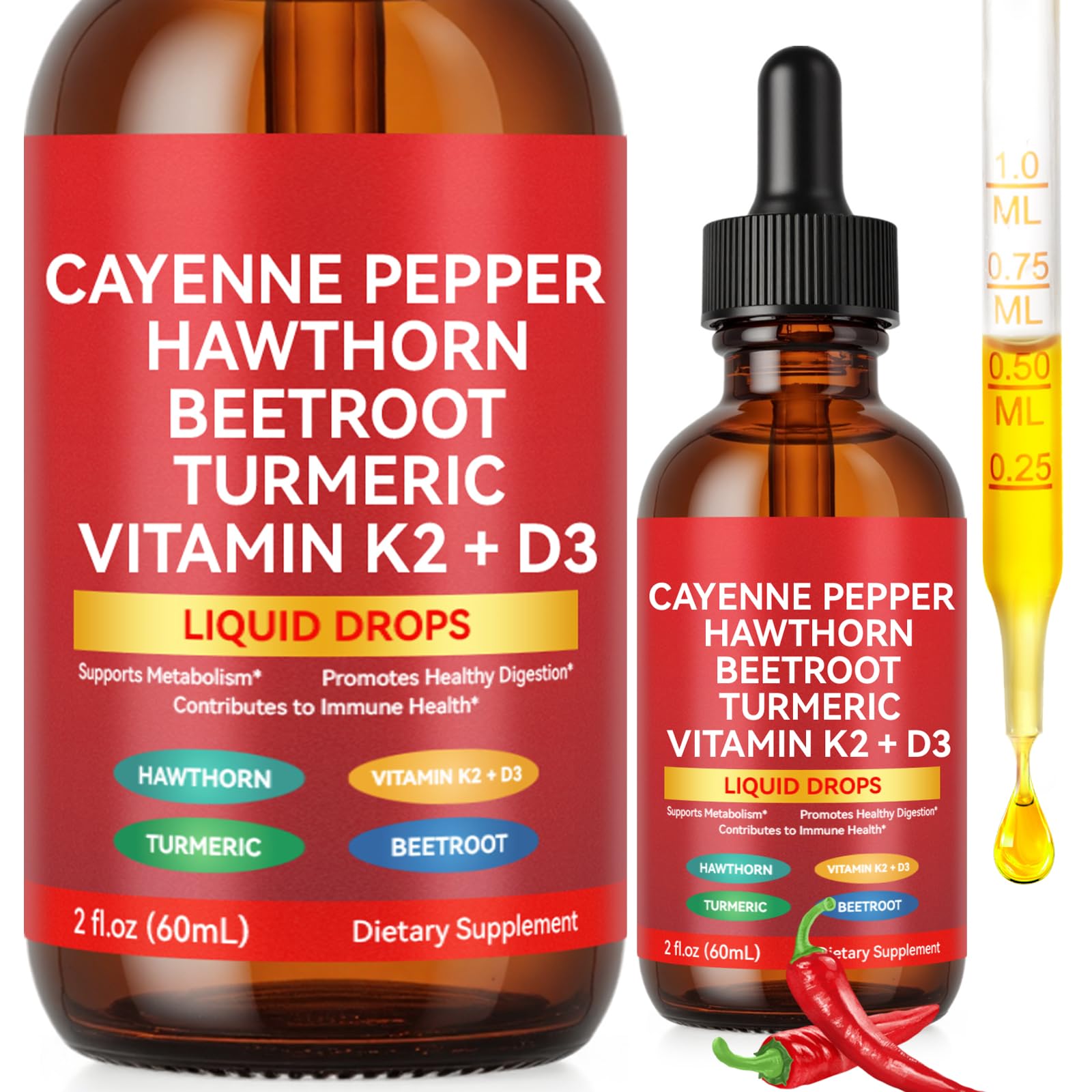 Cayenne Pepper Drops, Liquid Cayenne Pepper Organic, Cayenne Health Supplements, Cayenne Pepper Hawthorn Beet Root Turmeric Curcumin, Vitamin K2 & D3, Vegan-Friendly- 2 Fl Oz - Maple Wellness Supplements