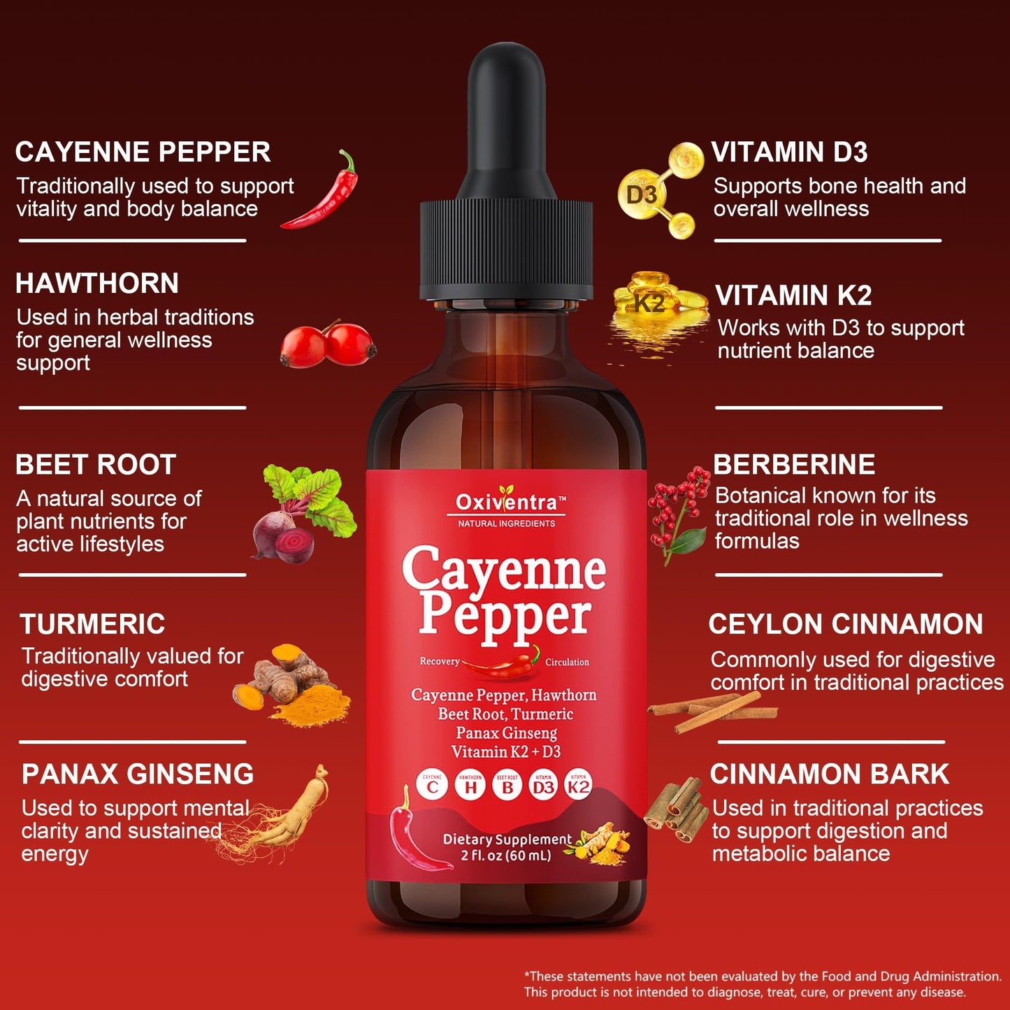Cayenne Pepper Drops Liquid Supplement Smooth & Sweet Herbal Liquid + Hawthorn Berry, Vitamin D3 K2 Beet Root Powder, Ceylon Cinnamon, Turmeric Curcumin, Organic Panax Ginseng - 2fl oz - Maple Wellness Supplements