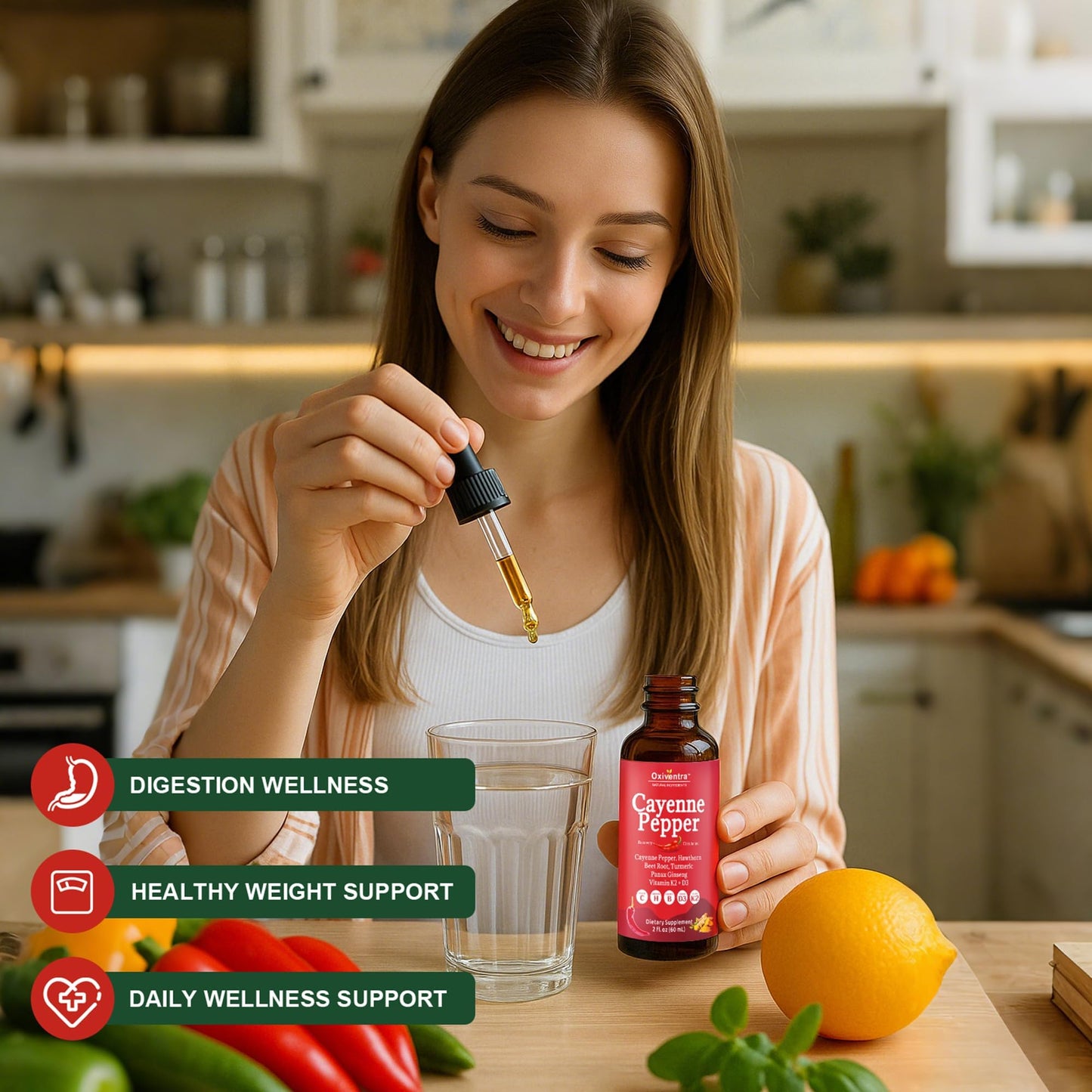 Cayenne Pepper Drops Liquid Supplement Smooth & Sweet Herbal Liquid + Hawthorn Berry, Vitamin D3 K2 Beet Root Powder, Ceylon Cinnamon, Turmeric Curcumin, Organic Panax Ginseng - 2fl oz - Maple Wellness Supplements