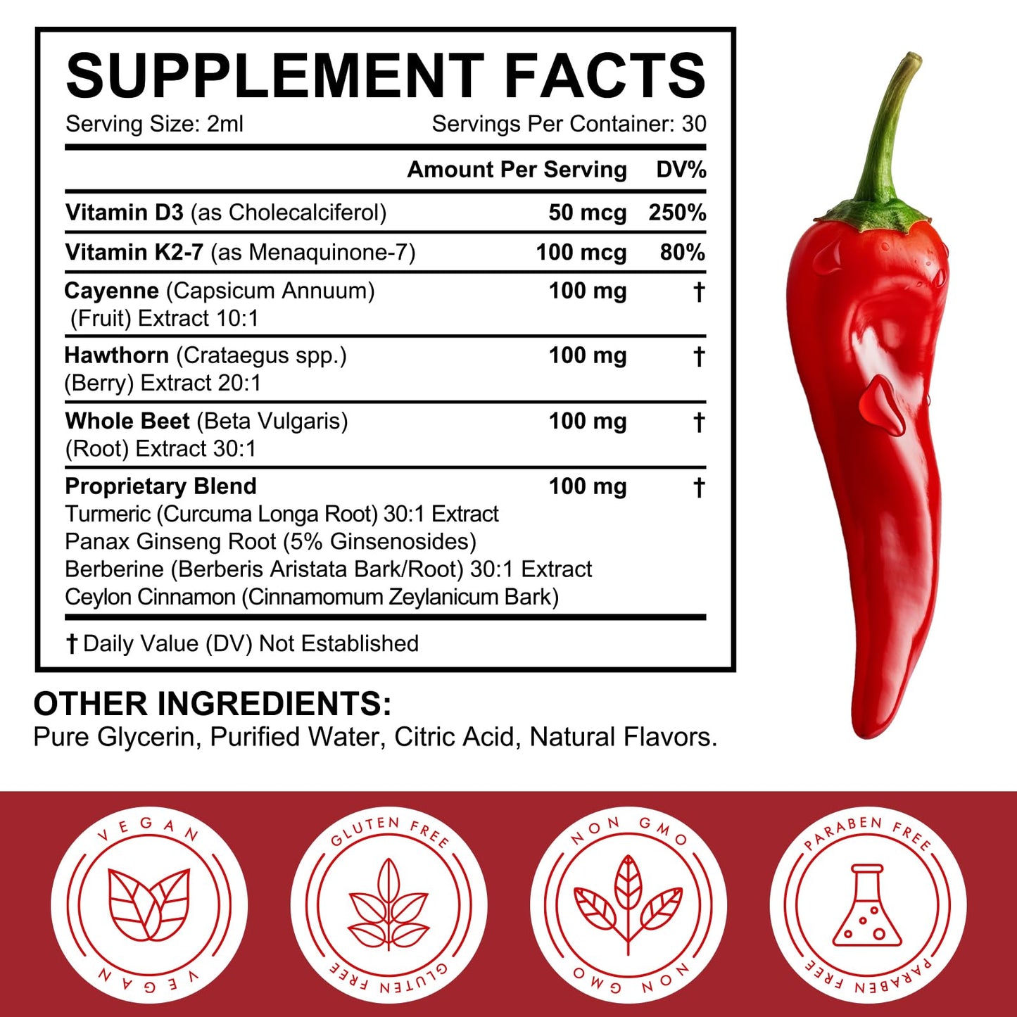 Cayenne Pepper Drops Supplement Liquid, Blend of Hawthorn Berry, Beetroot, Turmeric, VIT K2+D3, Daily Health Boost (2oz) - Maple Wellness Supplements