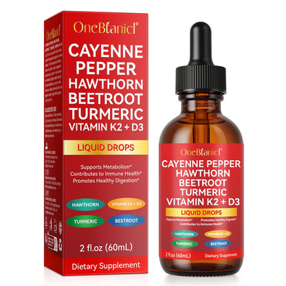 Cayenne Pepper Drops Supplement Liquid, Blend of Hawthorn Berry, Beetroot, Turmeric, VIT K2+D3, Daily Health Boost (2oz) - Maple Wellness Supplements