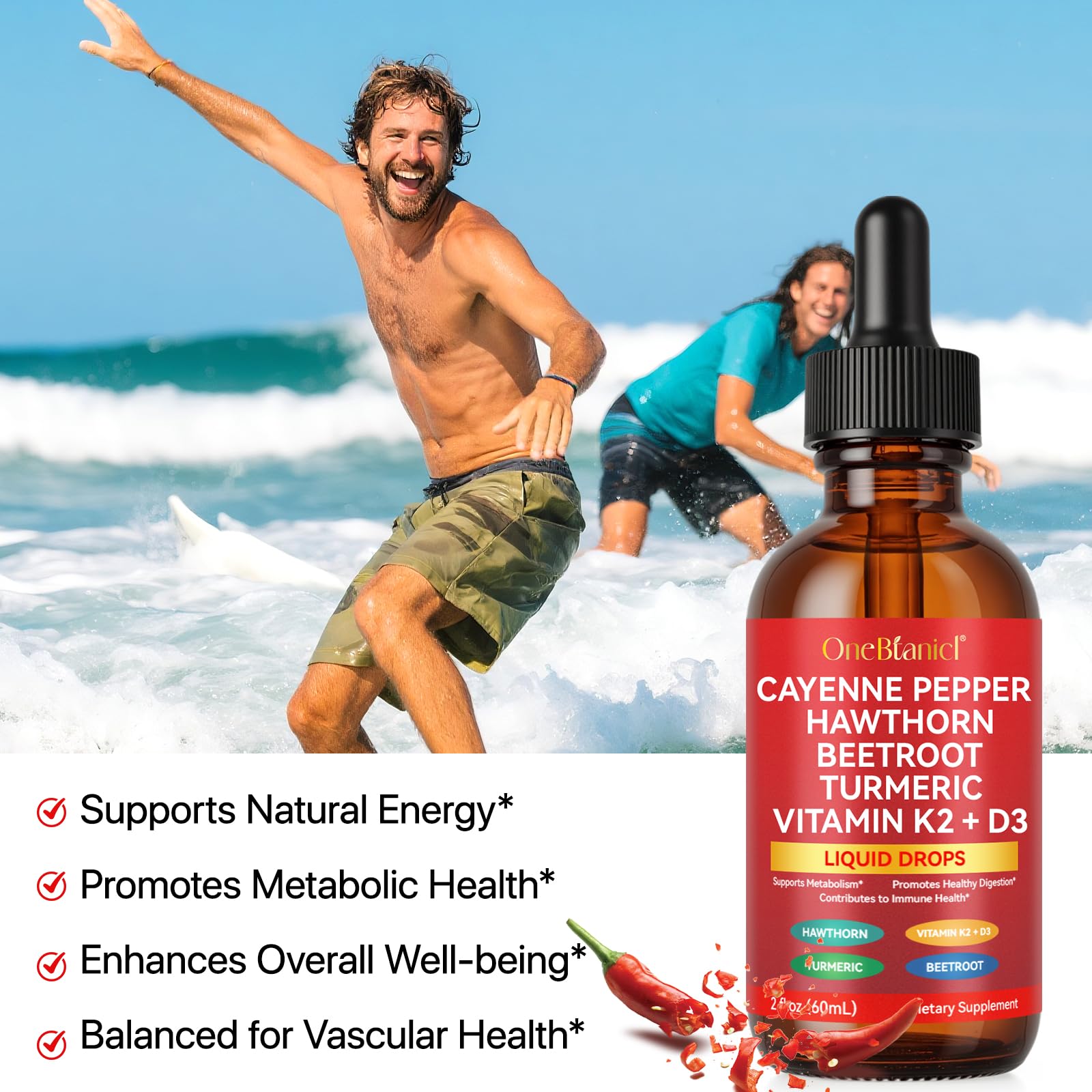 Cayenne Pepper Drops Supplement Liquid, Blend of Hawthorn Berry, Beetroot, Turmeric, VIT K2+D3, Daily Health Boost (2oz) - Maple Wellness Supplements