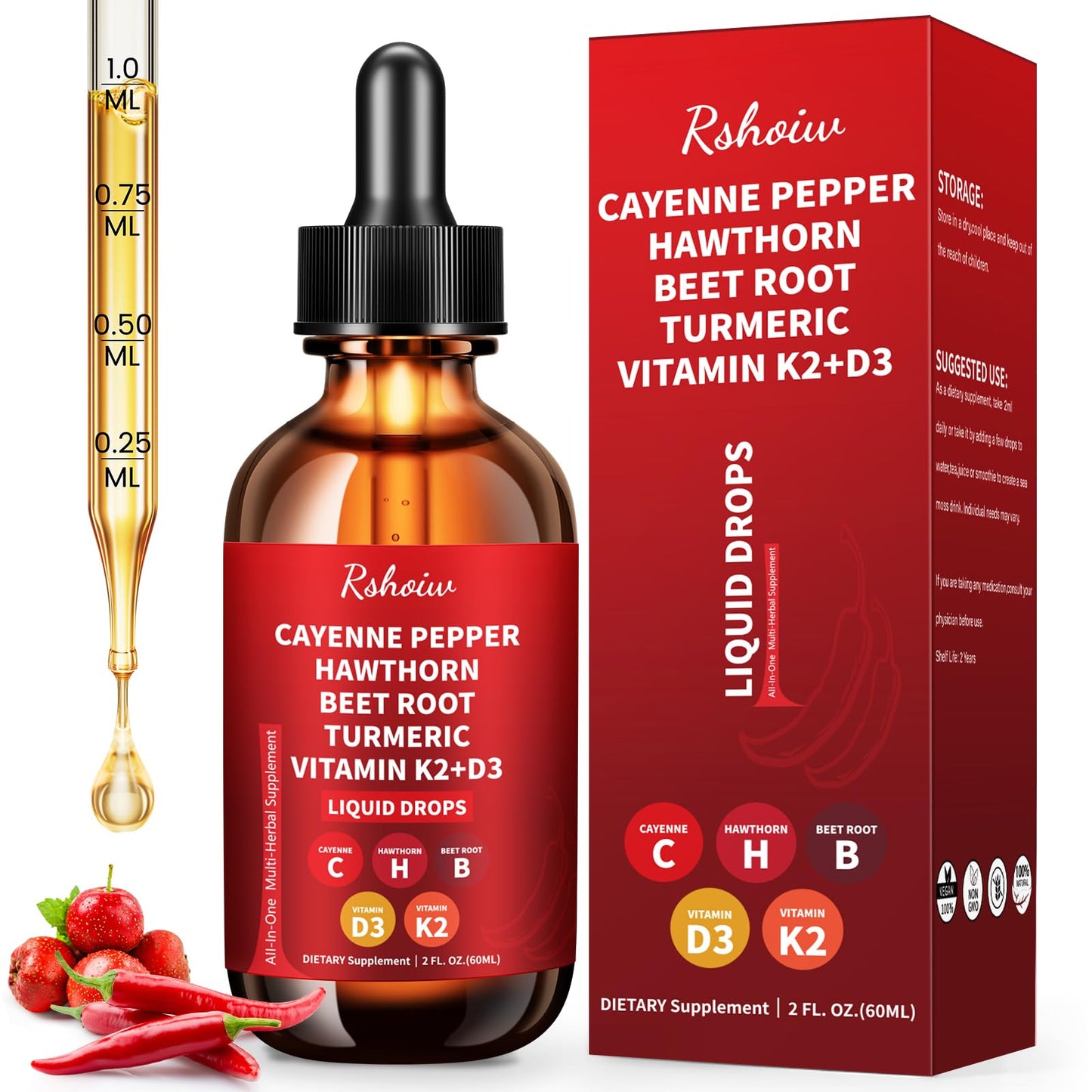 Cayenne Pepper Drops Supplement Liquid with Hawthorn Berry, Vitamin D3 K2, Turmeric Curcumin, Beet Root, Ceylon Cinnamon Vegan- Friendly - 60ml - Maple Wellness Supplements