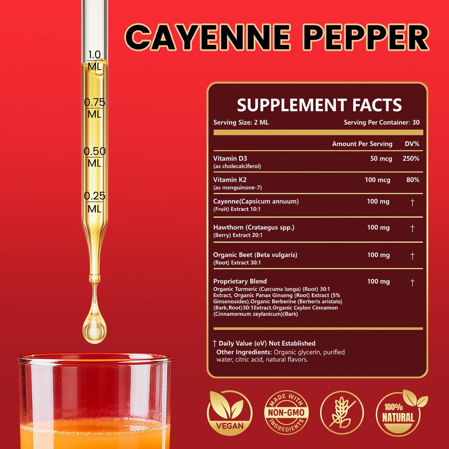 Cayenne Pepper Drops Supplement Liquid with Hawthorn Berry, Vitamin D3 K2, Turmeric Curcumin, Beet Root, Ceylon Cinnamon Vegan- Friendly - 60ml - Maple Wellness Supplements