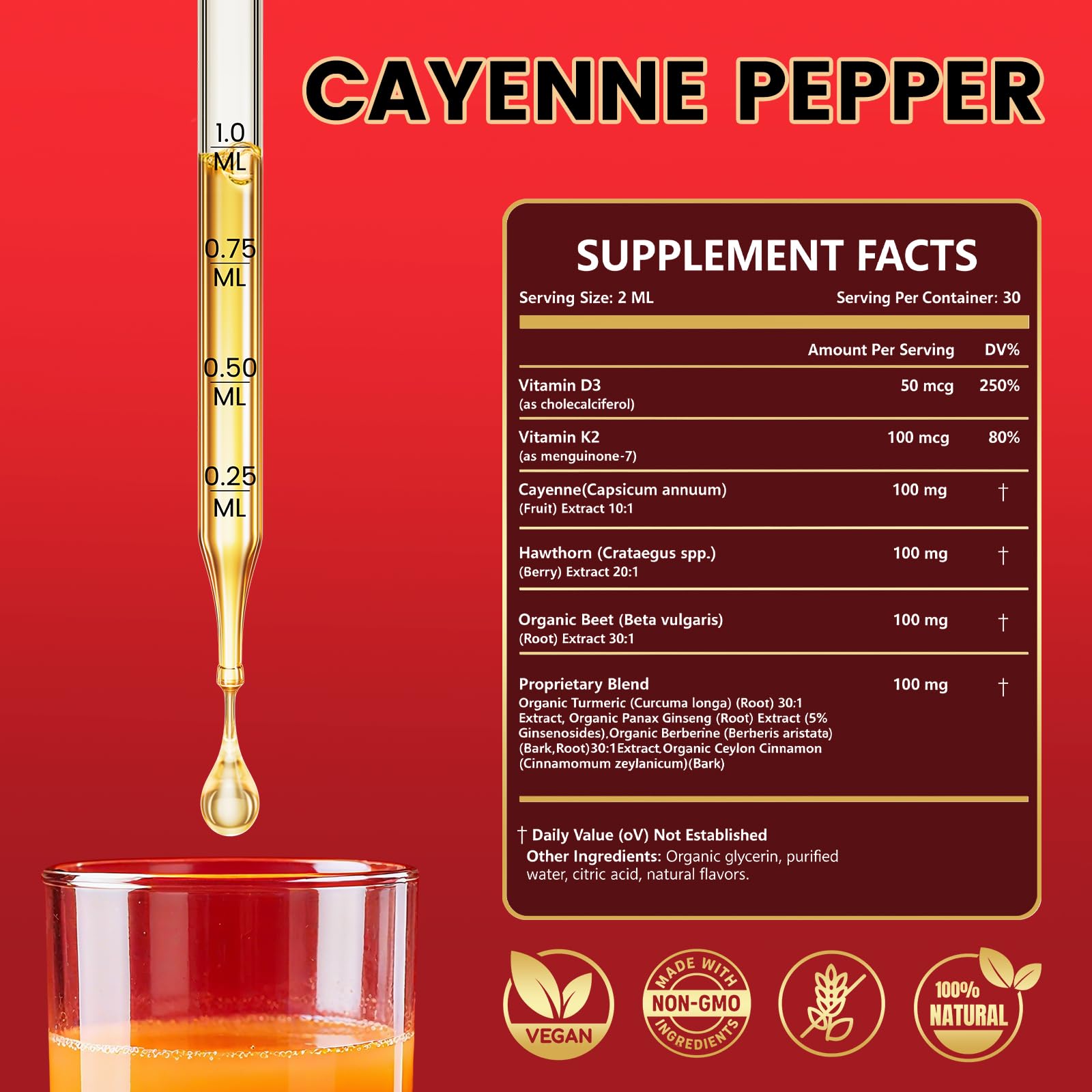 Cayenne Pepper Drops Supplement Liquid with Hawthorn Berry, Vitamin D3 K2, Turmeric Curcumin, Beet Root, Ceylon Cinnamon Vegan- Friendly - 60ml - Maple Wellness Supplements