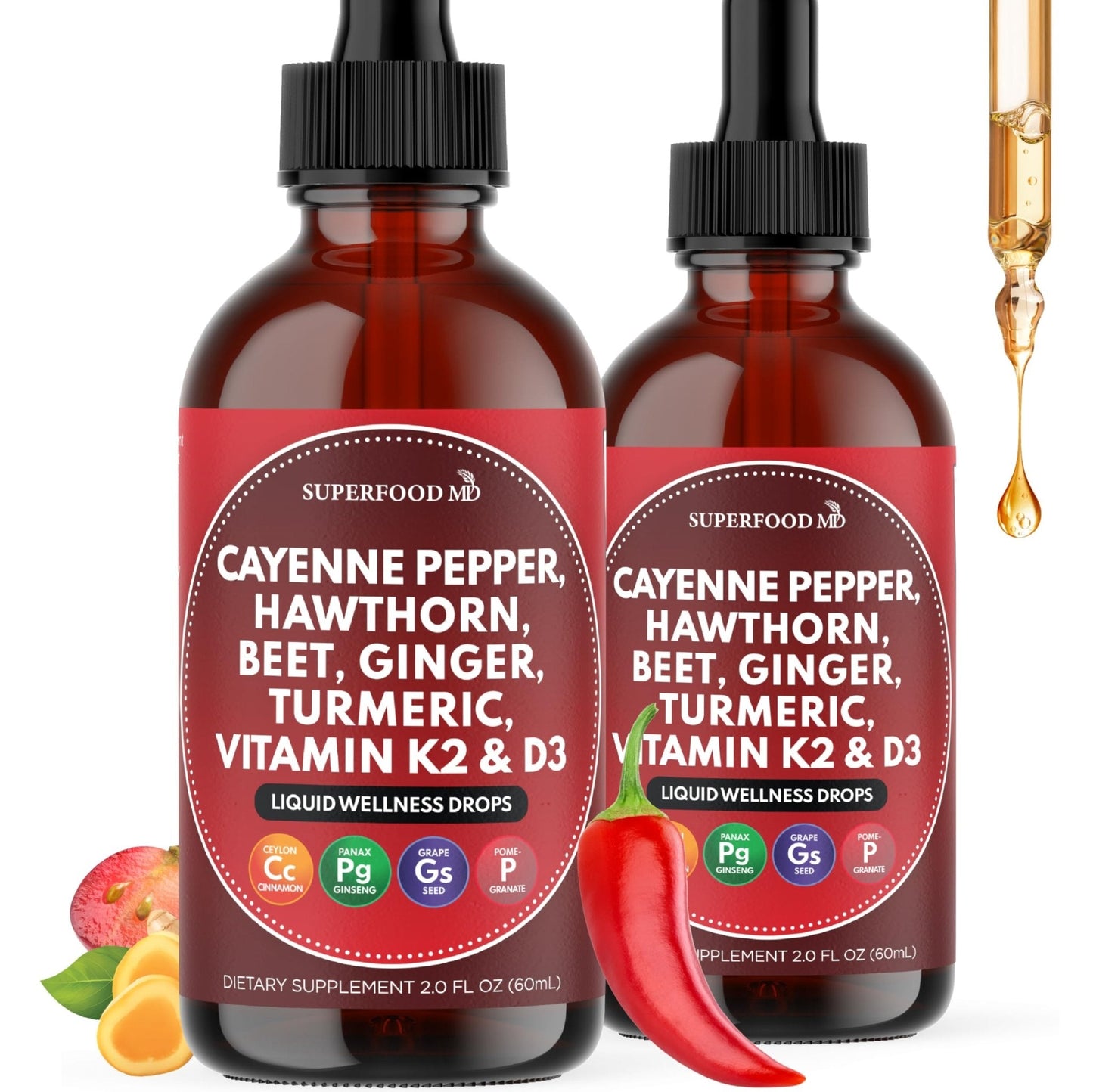 Cayenne Pepper Supplement Liquid Drops + Hawthorn Berry, Vitamin D3 K2 Beet Root Powder, Ceylon Cinnamon, Turmeric Curcumin, Organic Panax Ginseng - 4 OZ - Maple Wellness Supplements