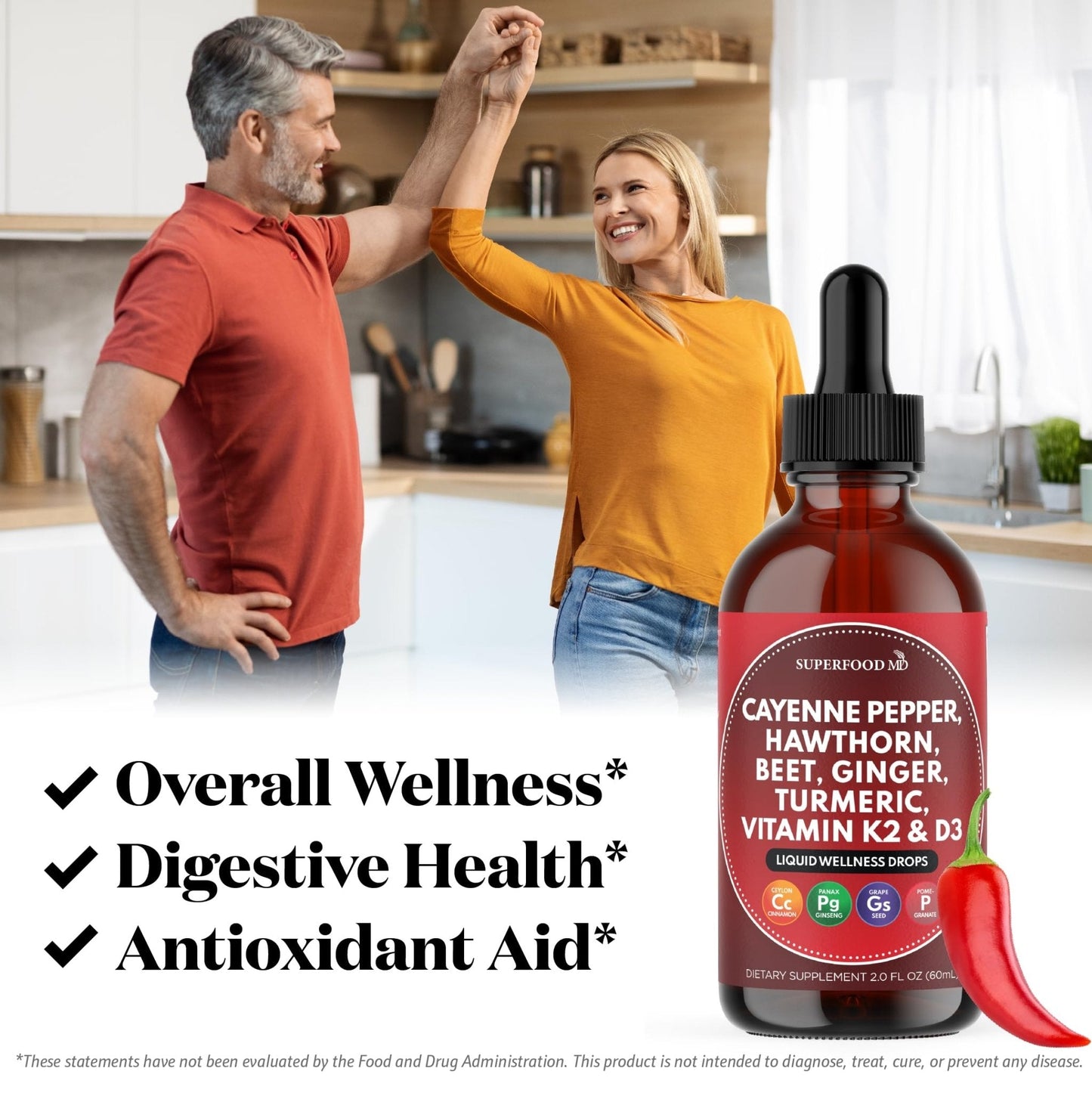 Cayenne Pepper Supplement Liquid Drops + Hawthorn Berry, Vitamin D3 K2 Beet Root Powder, Ceylon Cinnamon, Turmeric Curcumin, Organic Panax Ginseng - 4 OZ - Maple Wellness Supplements
